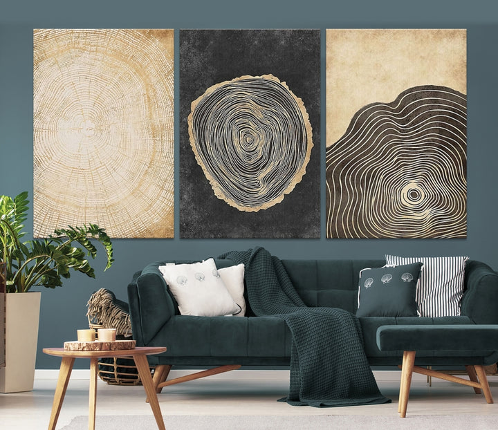 Impression sur toile en bois, Art mural, anneaux d'arbre en bois, illustrations abstraites, Art Boho