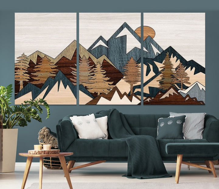 Panneau de bois effet chaîne de montagnes haut mur art impression art rustique