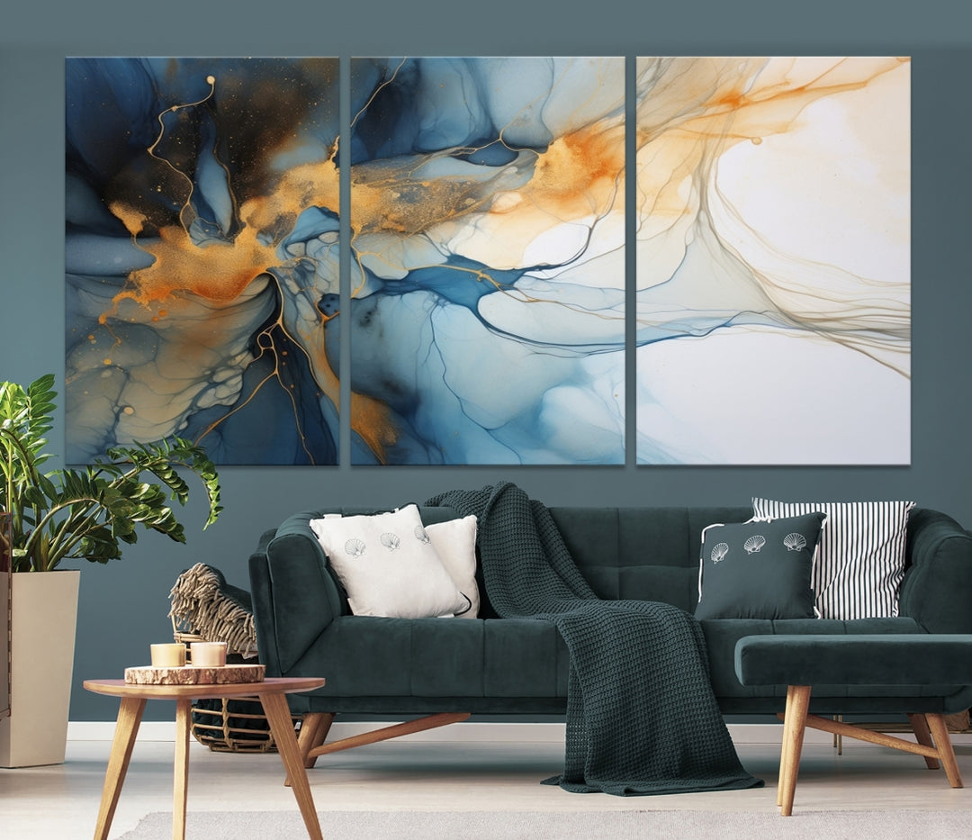 Art mural abstrait bleu marine orange, impression abstraite, impression sur toile abstraite