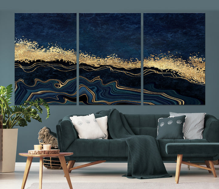 Effet fluide marbre bleu marine grand mur art moderne abstrait toile impression murale
