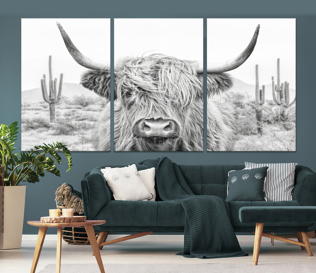 Rustic Charm | Cow Longhorn Black White Bighorn Wall Art Canvas Print | Farmhouse Wall Art