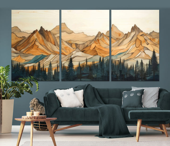 Wood Style Mountain and Forest View Wall Art Canvas Print