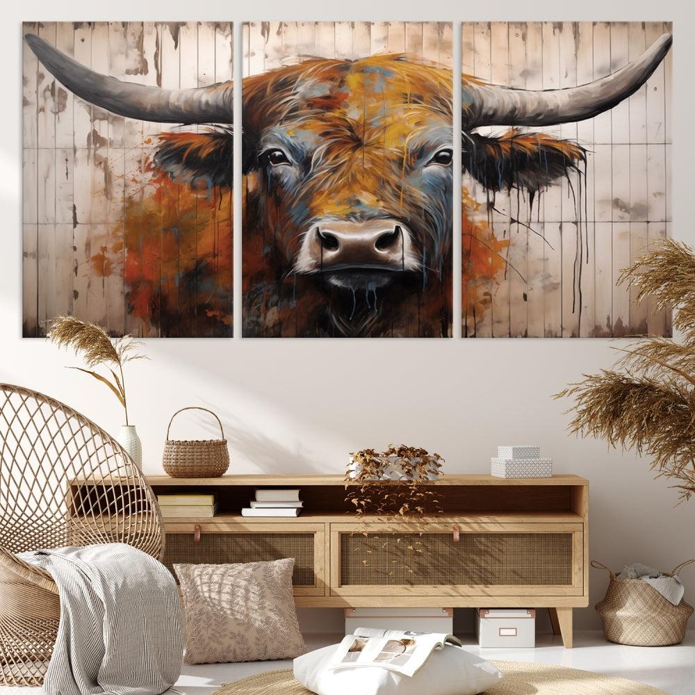 Watercolor Abstract Cow on Wood Background Wall Art Canvas Print