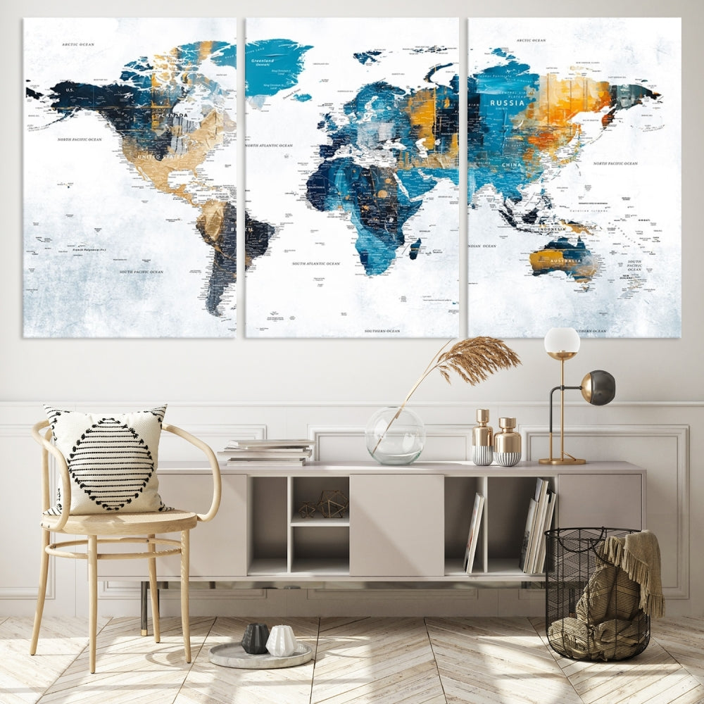 Carte du monde Turquoise Orange Art mural Impression sur toile