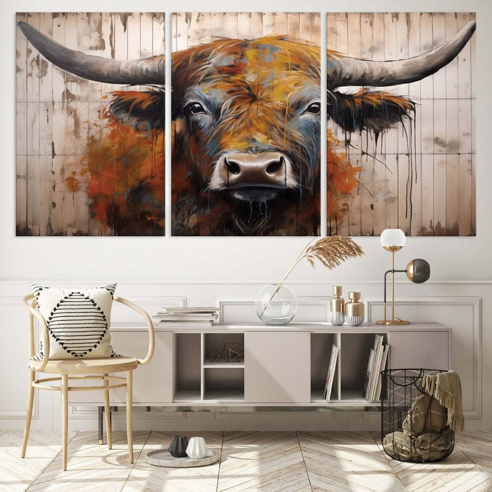 Scottish Highland Cow Cattle Art Print on Wood Style Background