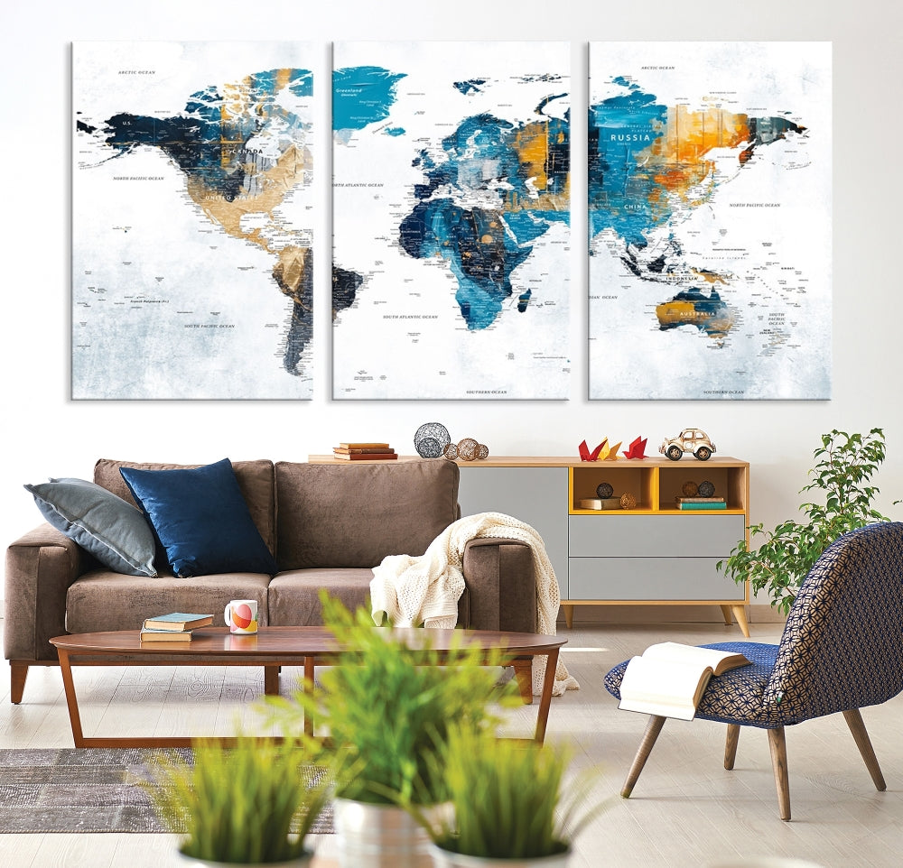 World Map Turquoise Orange Wall Art Canvas Print