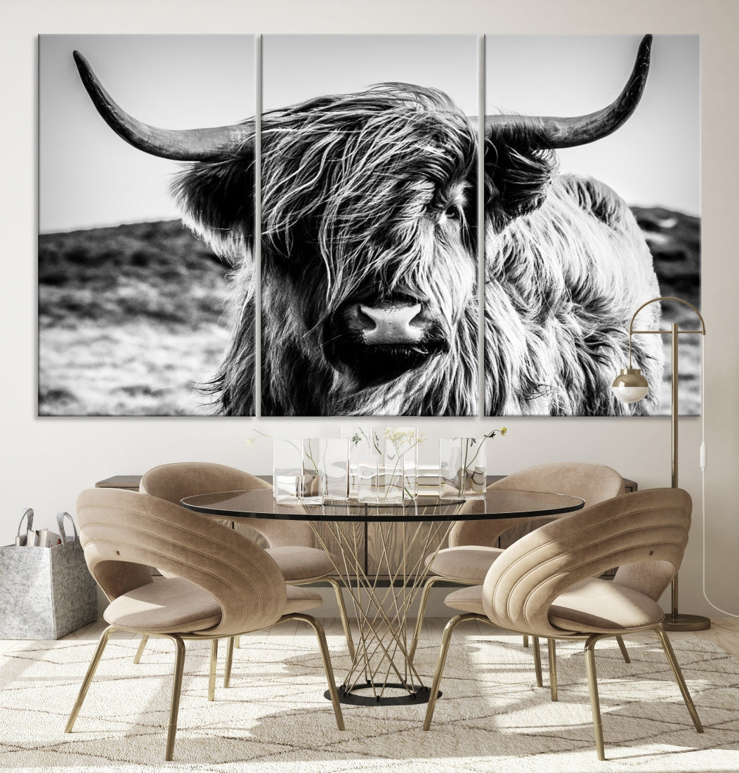 Lienzo de vaca escocesa en blanco y negro, arte de pared, impresión en lienzo de ganado de las tierras altas
