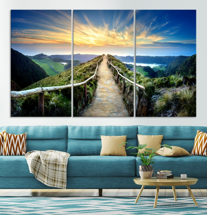 Emocionante camino hacia la puesta de sol, arte de pared grande, paisaje, impresión en lienzo