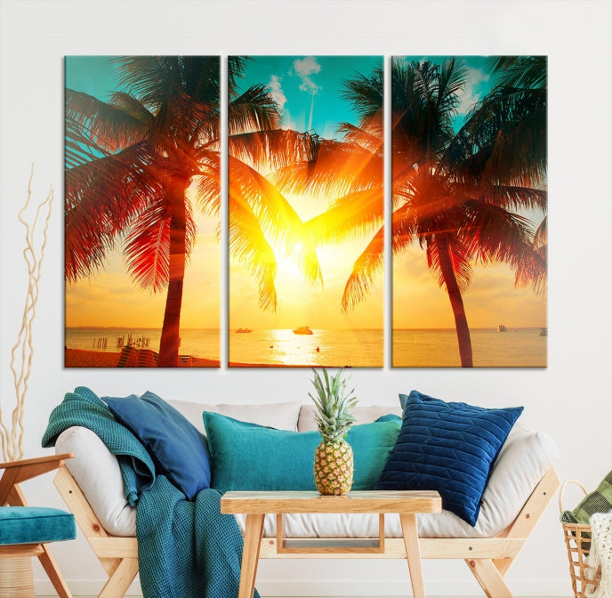 Impression sur toile d’art mural de plage de palmiers et de coucher de soleil