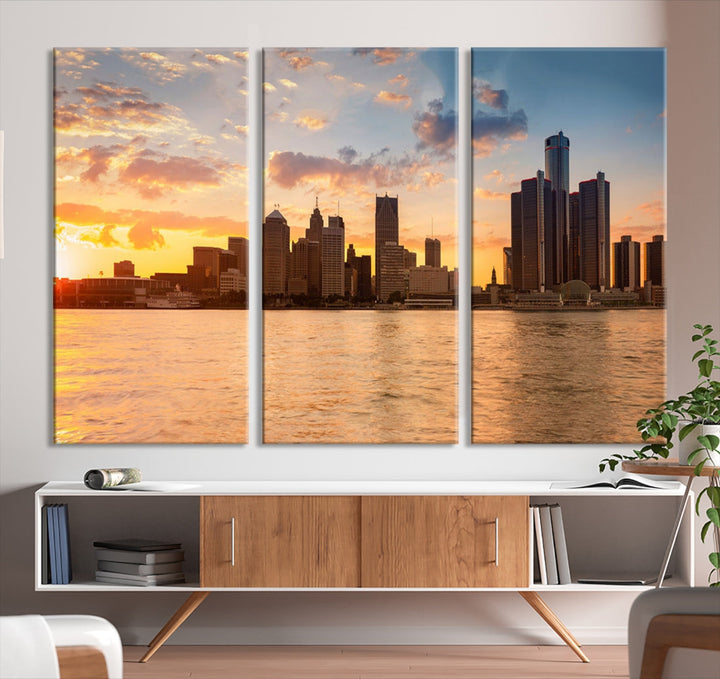 Detroit City Lights Sunrise Skyline Cityscape View Wall Art Canvas Print