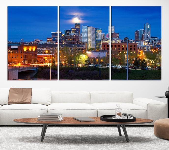 Denver City Lights Night Blue Skyline Cityscape View Wall Art Canvas Print