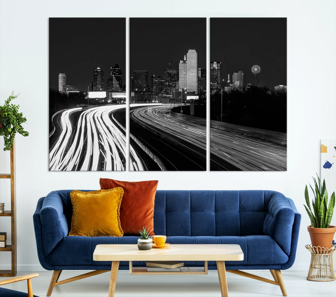 Dallas City Street Lights Skyline Black and White Wall Art Cityscape Canvas Print