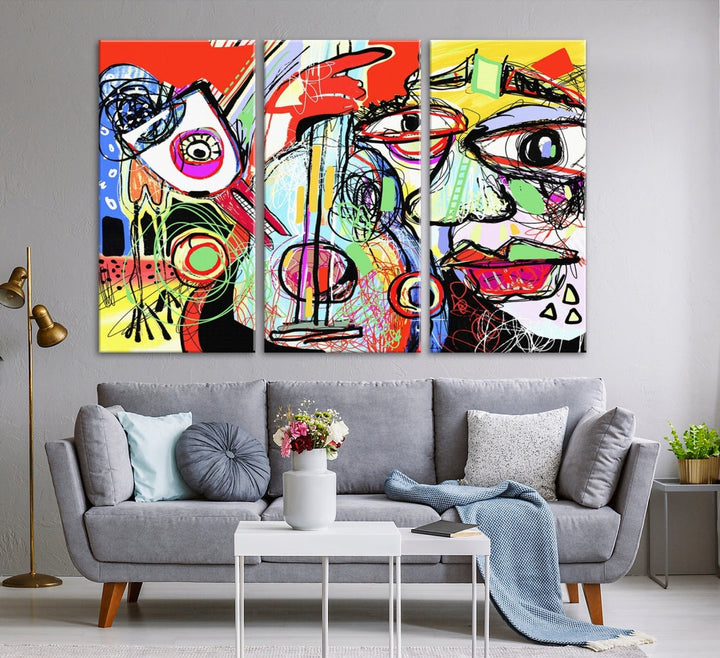 Picasso Style Abstract Canvas Wall Art Print , Colorful Abstract Artwork ,