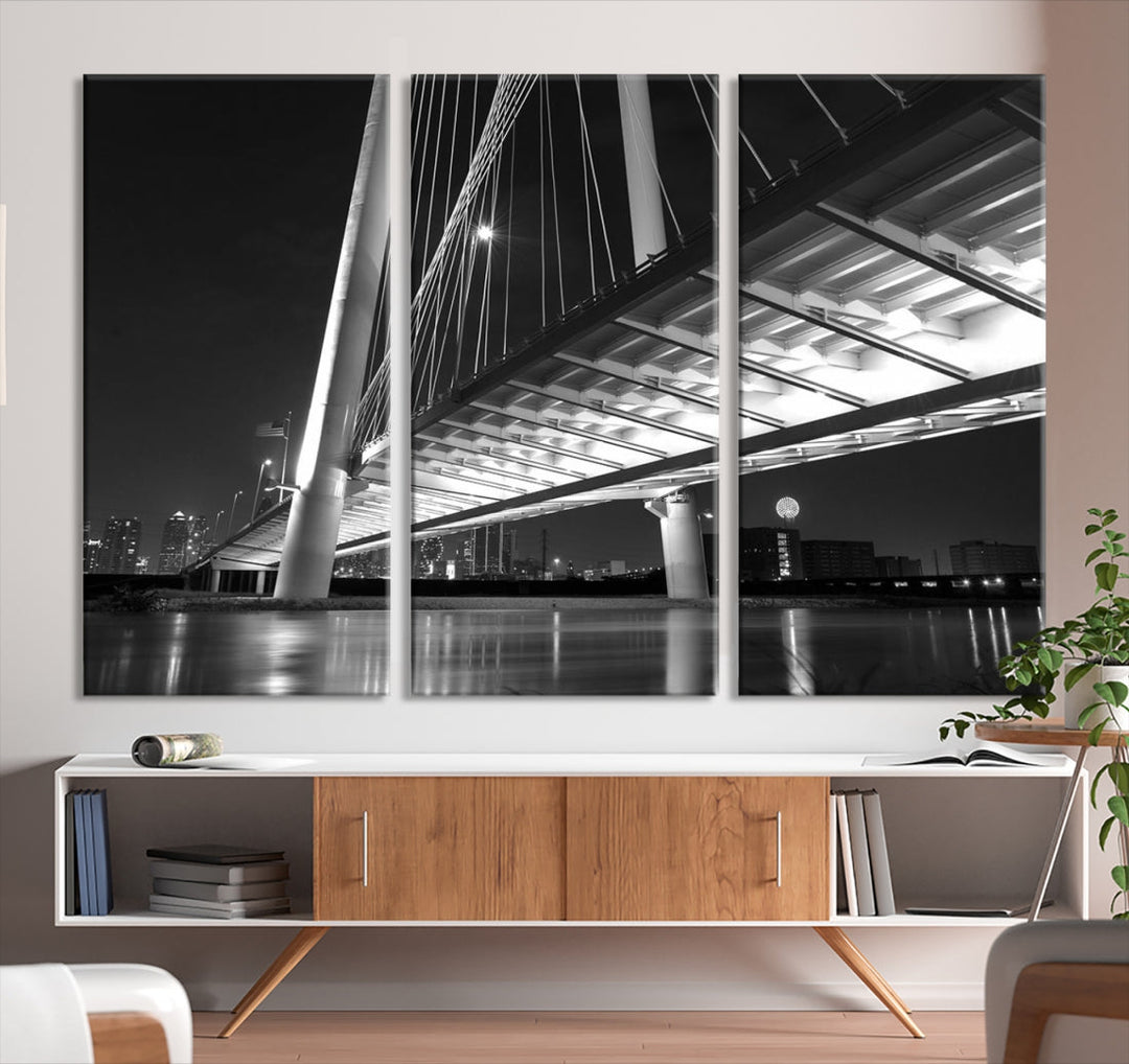Dallas City Bridge Lights Skyline Black and White Wall Art Cityscape Canvas Print
