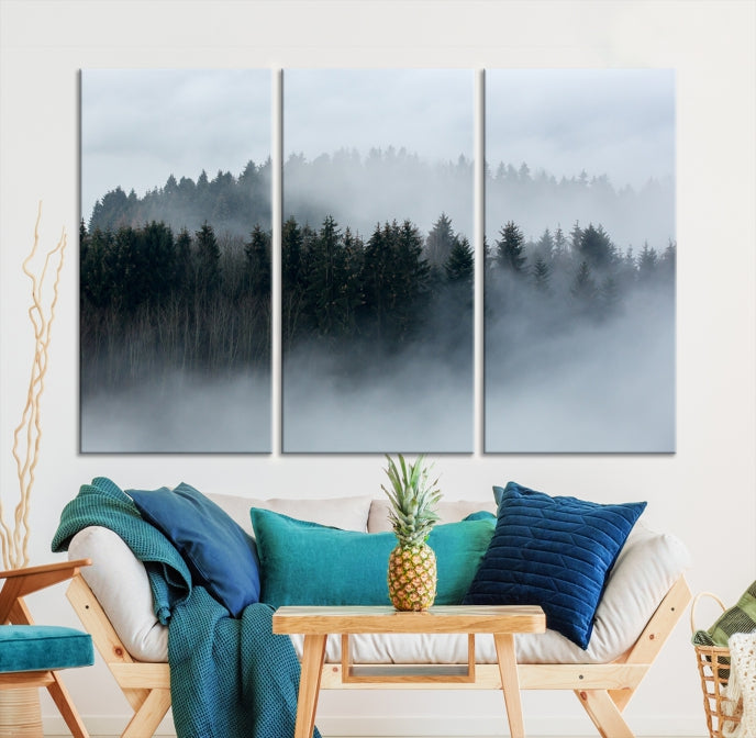 Impression sur toile d'art mural d'automne et d'arbres brumeux dans la forêt, impression sur toile d'art mural de montagne de forêt brumeuse