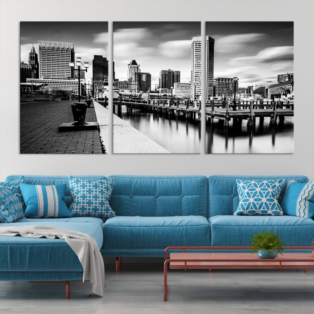 Baltimore City Cloudy Skyline Black and White Wall Art Cityscape Canvas Print