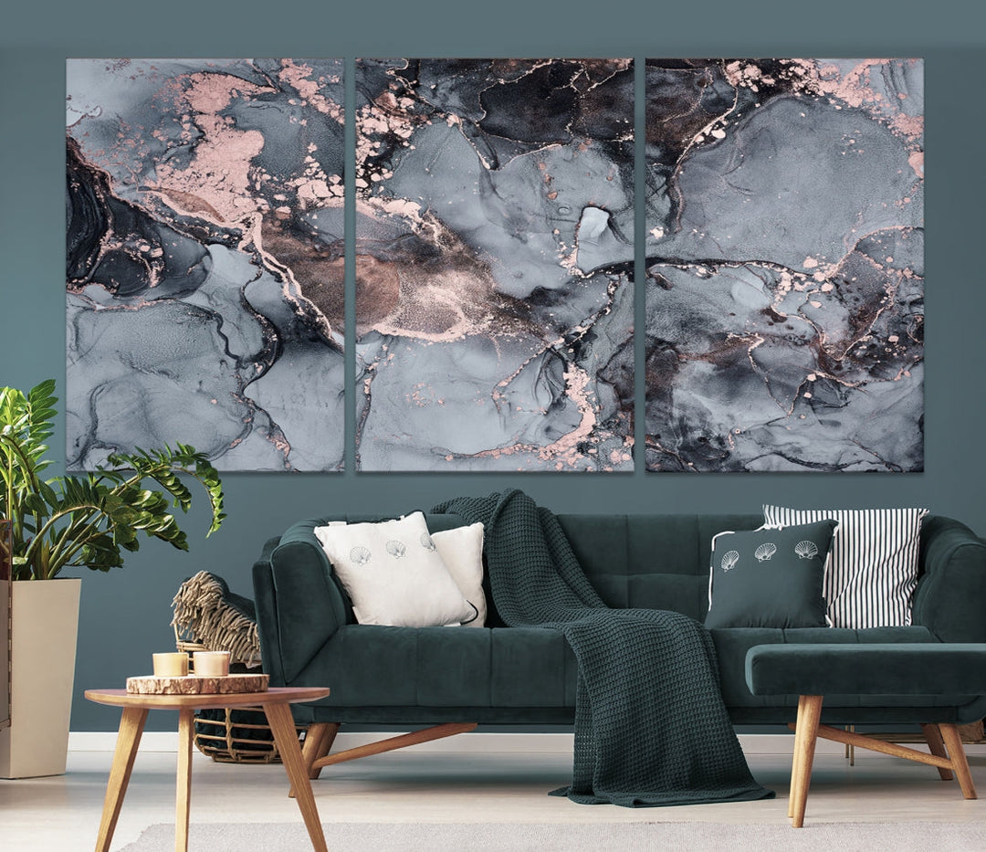 Gray and Rose Gold Marble Fluid Effect Wall Art Abstract Canvas Wall Art Print