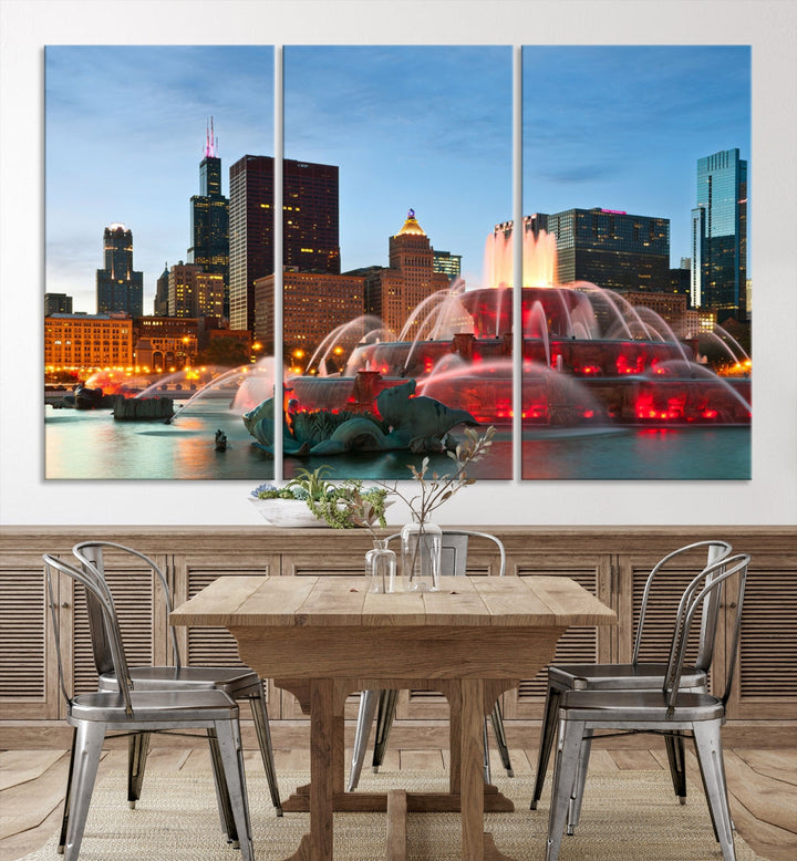 Chicago City Lights Night Skyline Cityscape View Wall Art Canvas Print