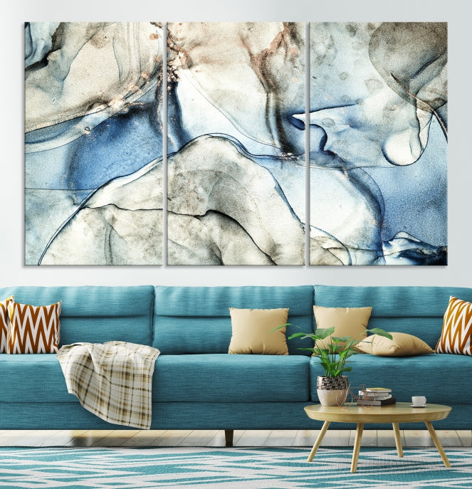 Impression d’art mural sur toile abstraite à effet fluide en marbre bleu