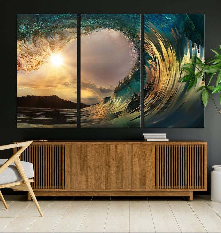 Surfing Big Wave on Ocean Wall Art Print