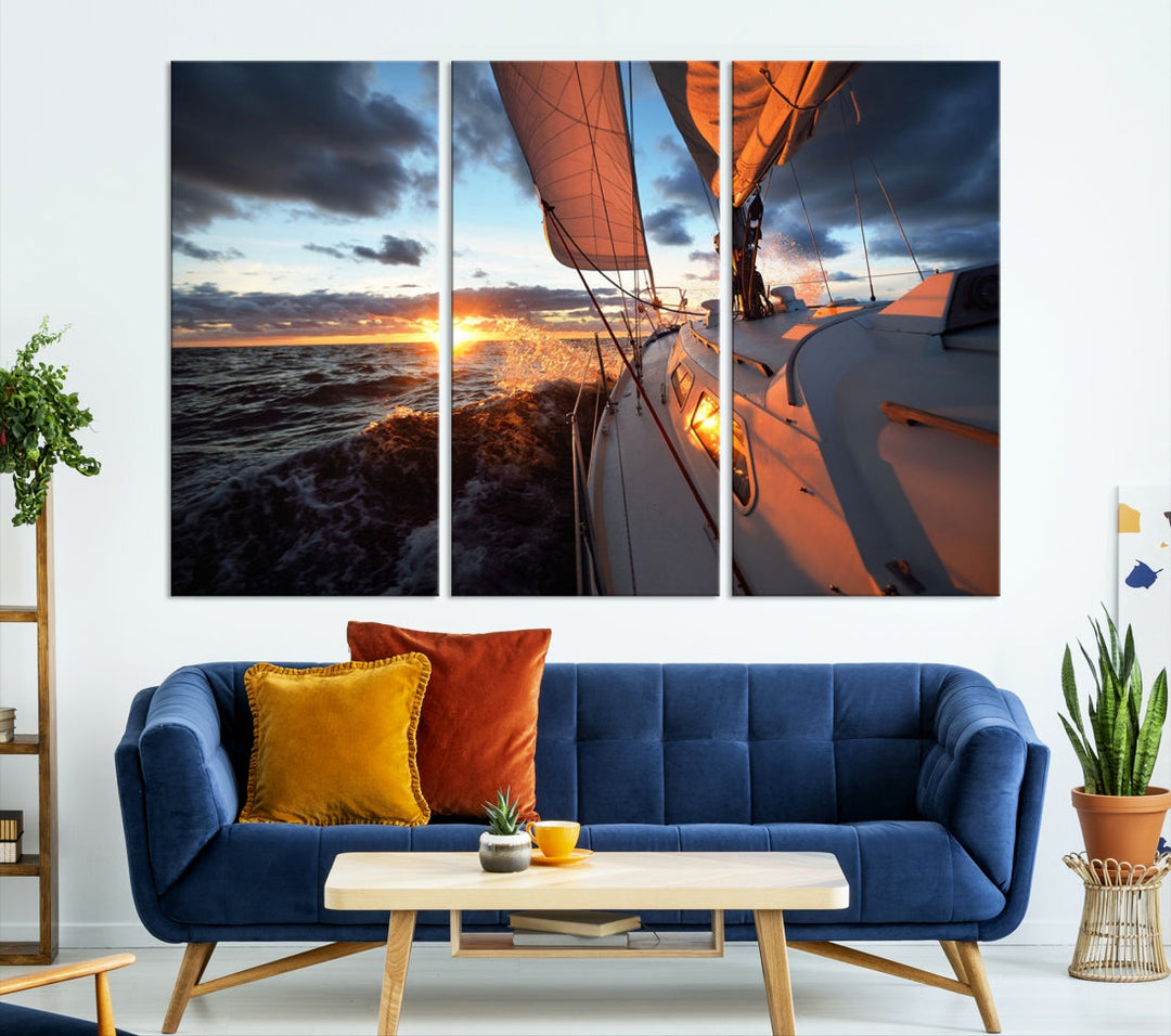 Art mural de voilier au coucher du soleil sur l’océan