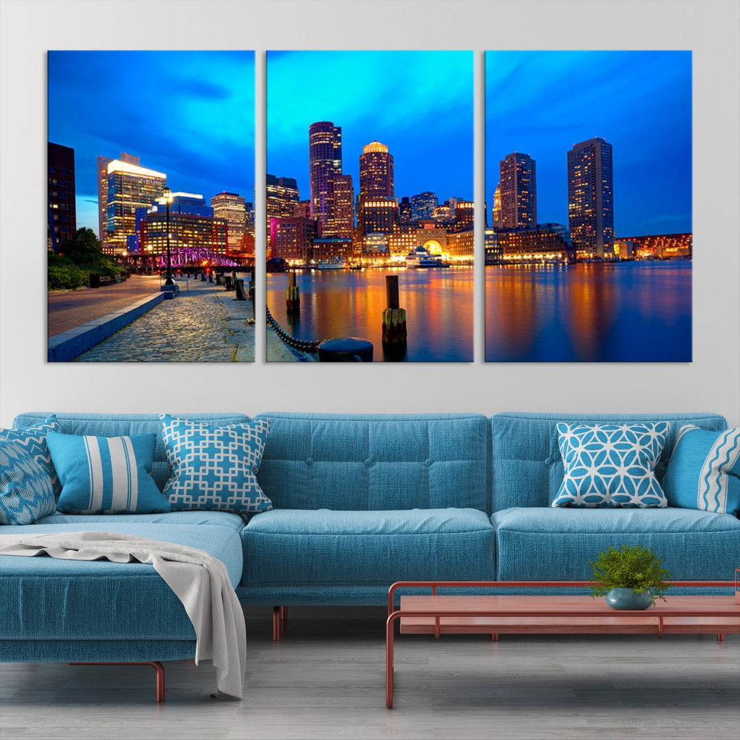 Boston City Lights Night Blue Skyline Cityscape View Wall Art Canvas Print