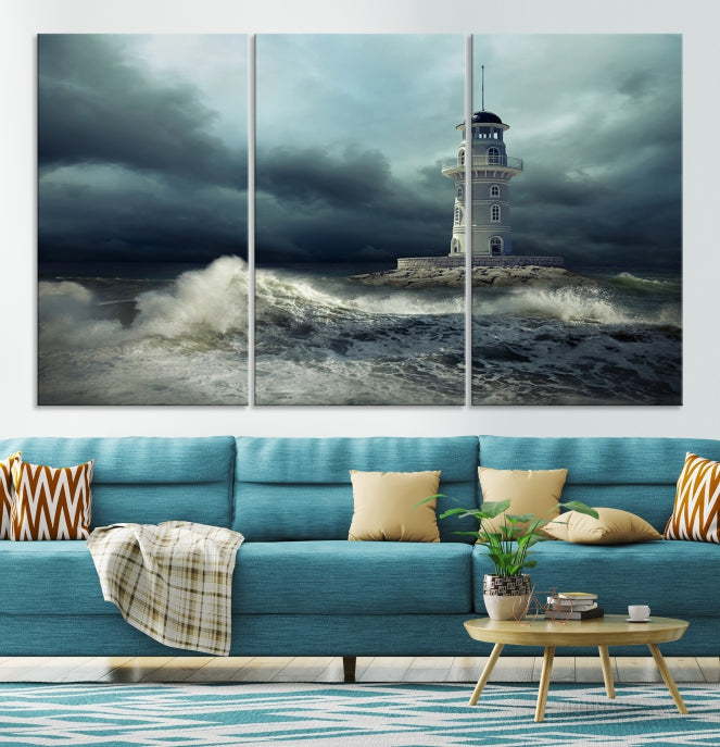 Impression sur toile d’art mural de tempête et de phare