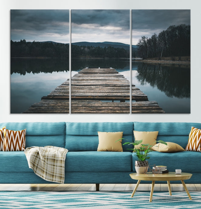 Puente de madera cerca del lago, arte de pared grande, impresión en lienzo