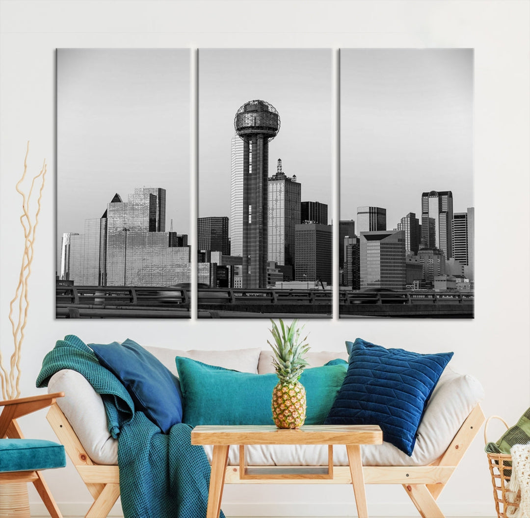 Dallas City Lights Skyline Black and White Wall Art Cityscape Canvas Print
