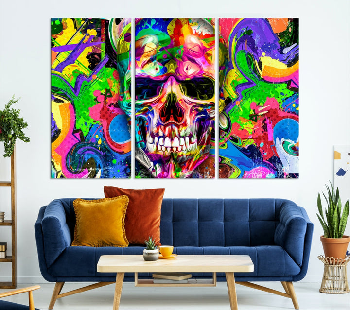 Lienzo de calavera colorida, pintura artística grande, arte de pared psicodélico, decoración artística fantástica, lienzo de varios paneles