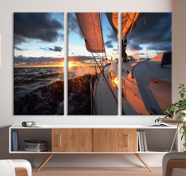 Art mural de voilier au coucher du soleil sur l’océan