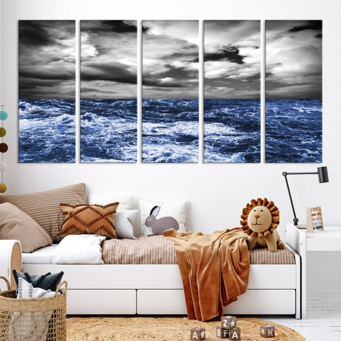 Lienzo grande para pared, 5 paneles, tormenta en el océano, lienzo artístico grande para decoración de pared, océano enmarcado