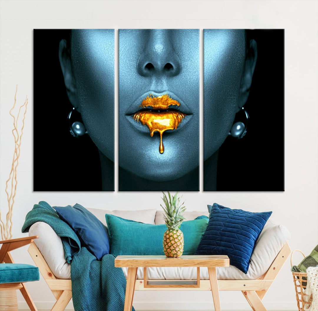 Lèvres à paillettes dorées, Art mural, lèvres, impression artistique sur toile