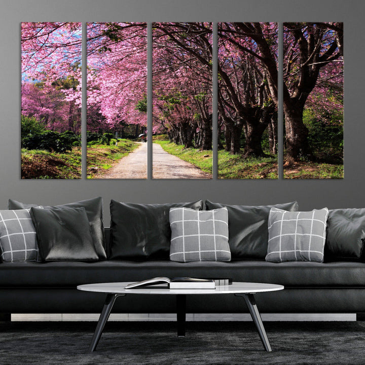 Blossom Cherry Road Tree Forest Wall Art Canvas Print