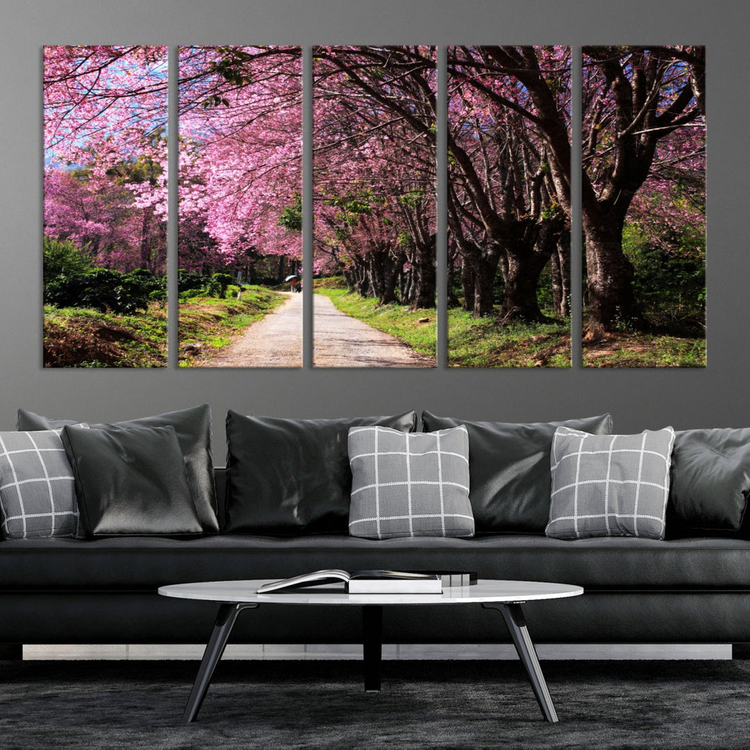 Impression sur toile d'art mural de forêt d'arbre de route de cerisier en fleurs
