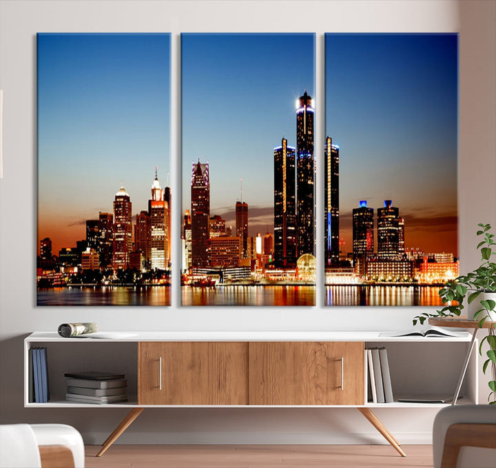 Impresión en lienzo de arte de pared grande con vista del paisaje urbano del horizonte de las luces de la ciudad de Detroit
