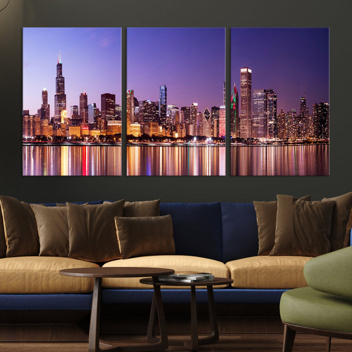 Chicago City Lights Night Purple Skyline Cityscape View Wall Art Impression sur toile