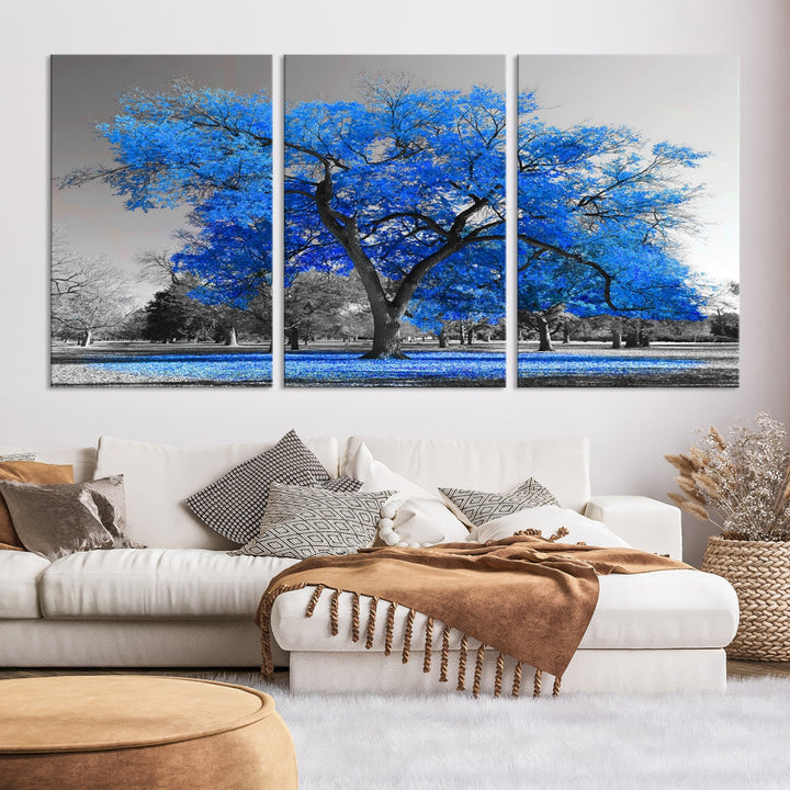 Grand arbre bleu sur toile de coton originale Impression d’arbre d’art mural