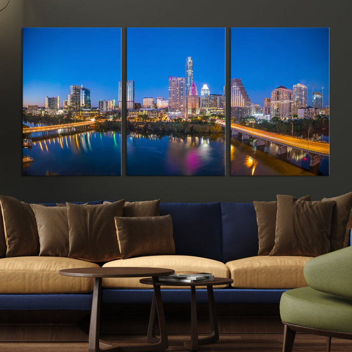 Austin City Lights Night Blue Skyline Cityscape View Wall Art Impression sur toile