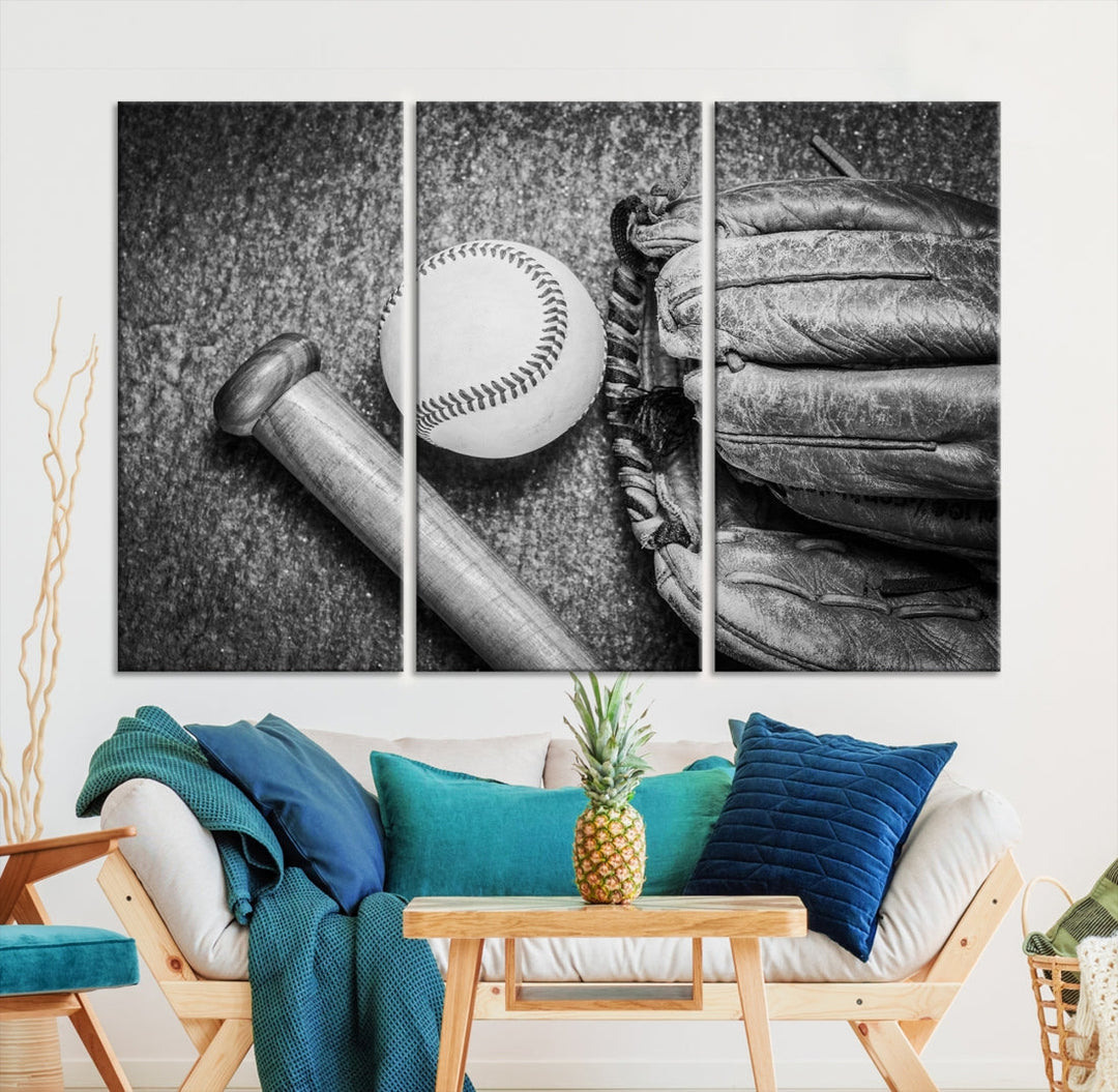 Vintage Baseball Glove and Bat Sports Wall Art Canvas Print
