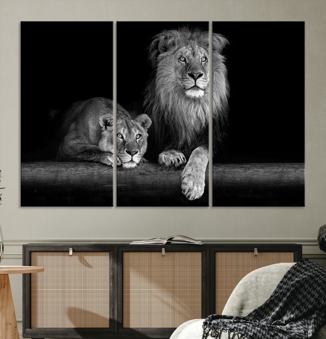 Black and White Lion Couple Wall Art Canvas Print