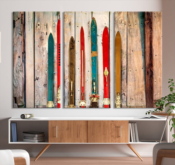 Impresión de lienzo de esquís antiguos Decoración de esquís de madera Arte de pared rústico Regalo de esquí Cartel de esquí retro Decoración de pared rústica Impresión de deportes de invierno Impresión de esquís vintage