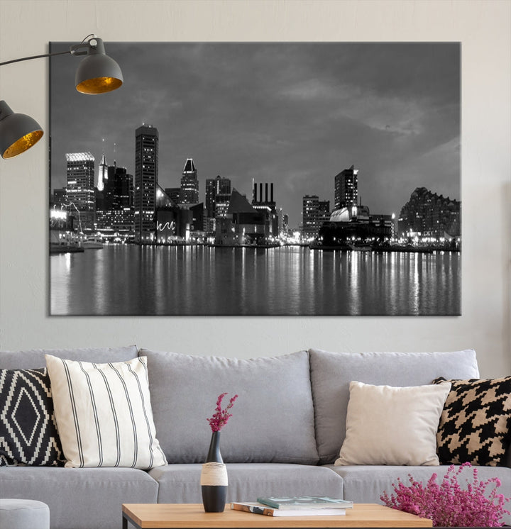 Baltimore City Cloudy Skyline Art mural noir et blanc Paysage urbain Impression sur toile