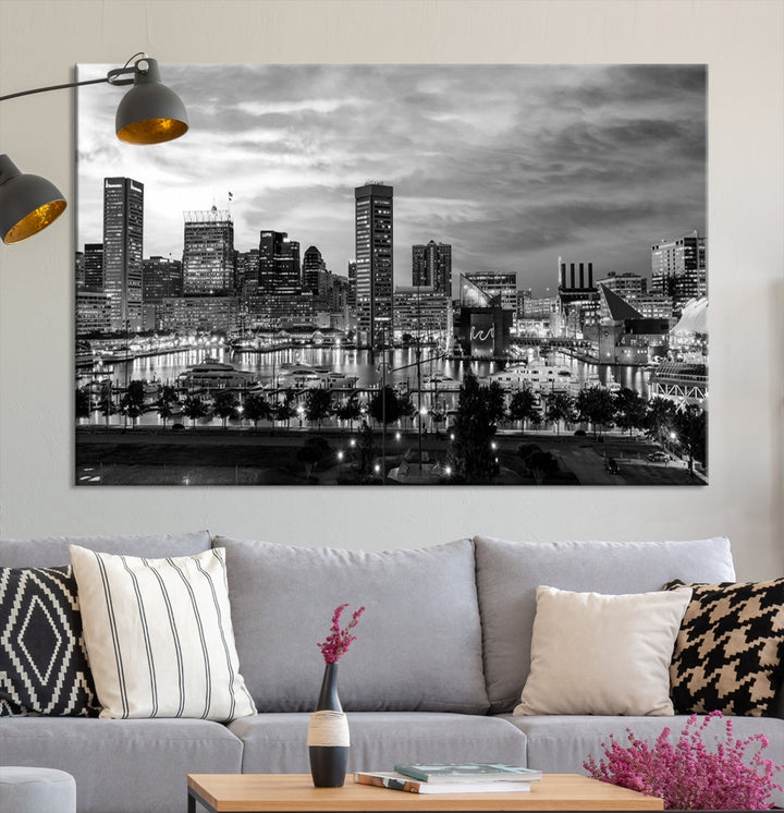 Baltimore City Cloudy Skyline Black and White Wall Art Canvas Print
