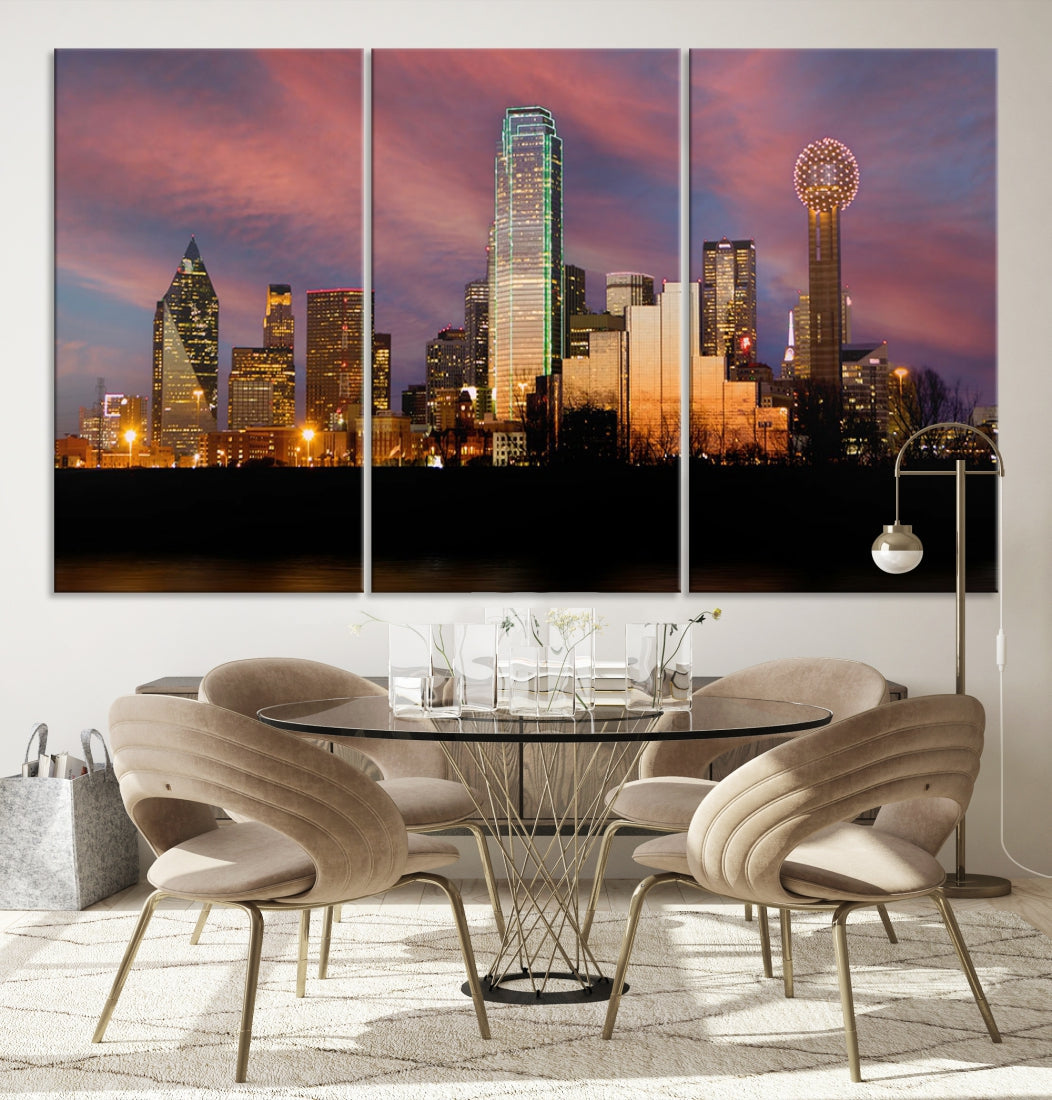 Dallas City Lights Coucher de soleil coloré nuageux Skyline Paysage urbain Vue murale Art Impression sur toile