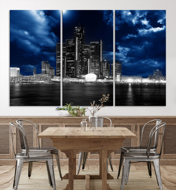 Detroit City Lights Stormy Night Blue Cloudy Skyline Cityscape View Wall Art Impression sur toile