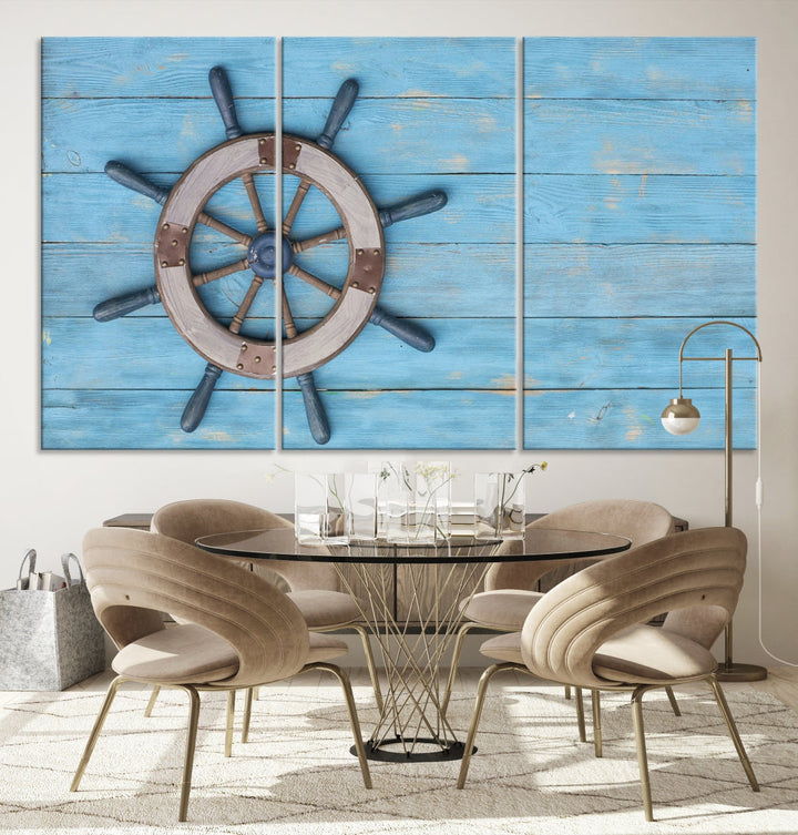 Arte de pared náutico con volante de barco antiguo, impresión en lienzo, arte vintage, rueda de barco, arte de vela enmarcado listo para colgar, pintura de pared de varios paneles, impresión grande