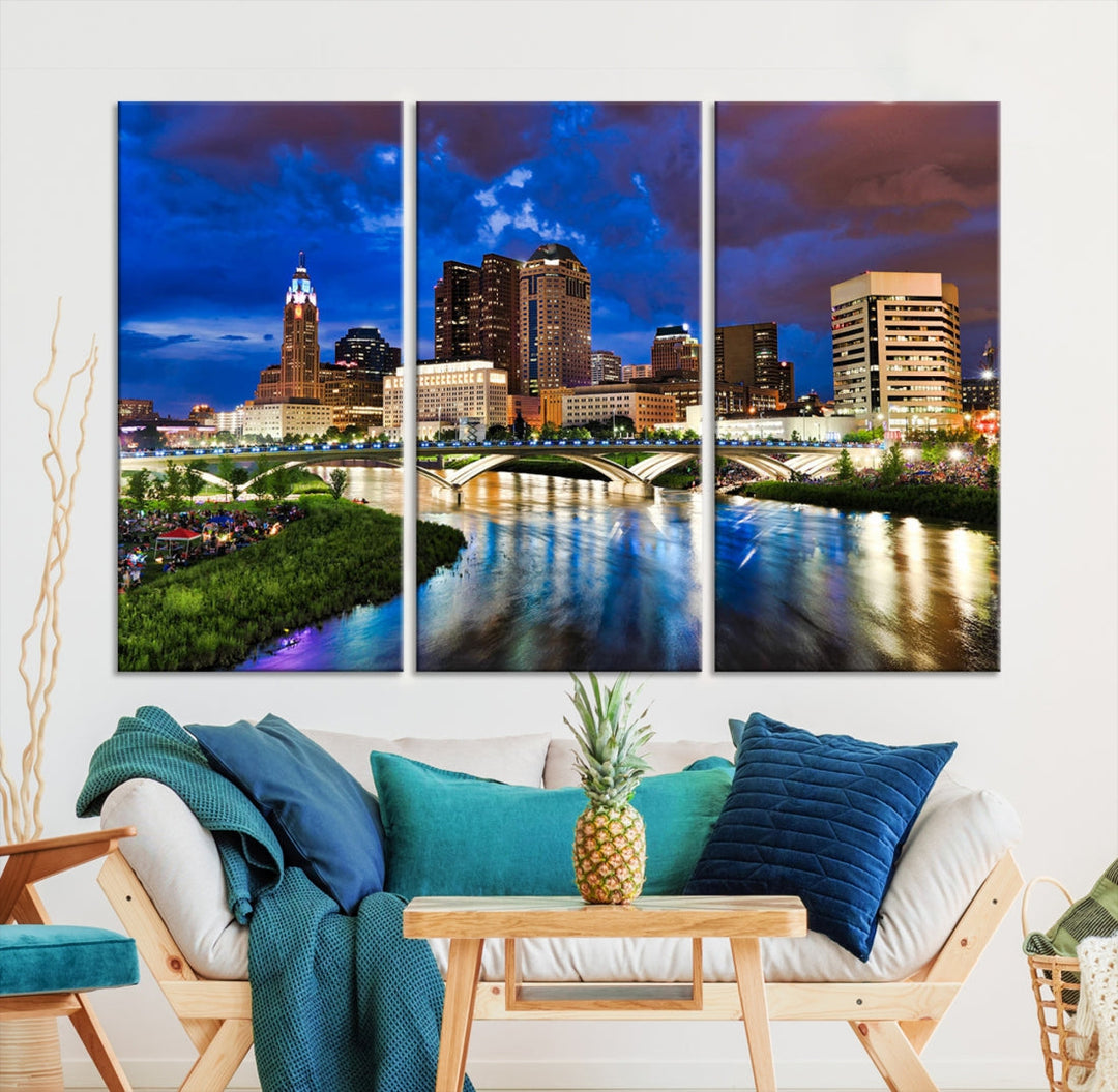 Columbus City Lights Night Bright Blue Cloudy Skyline Cityscape View Wall Art Canvas Print