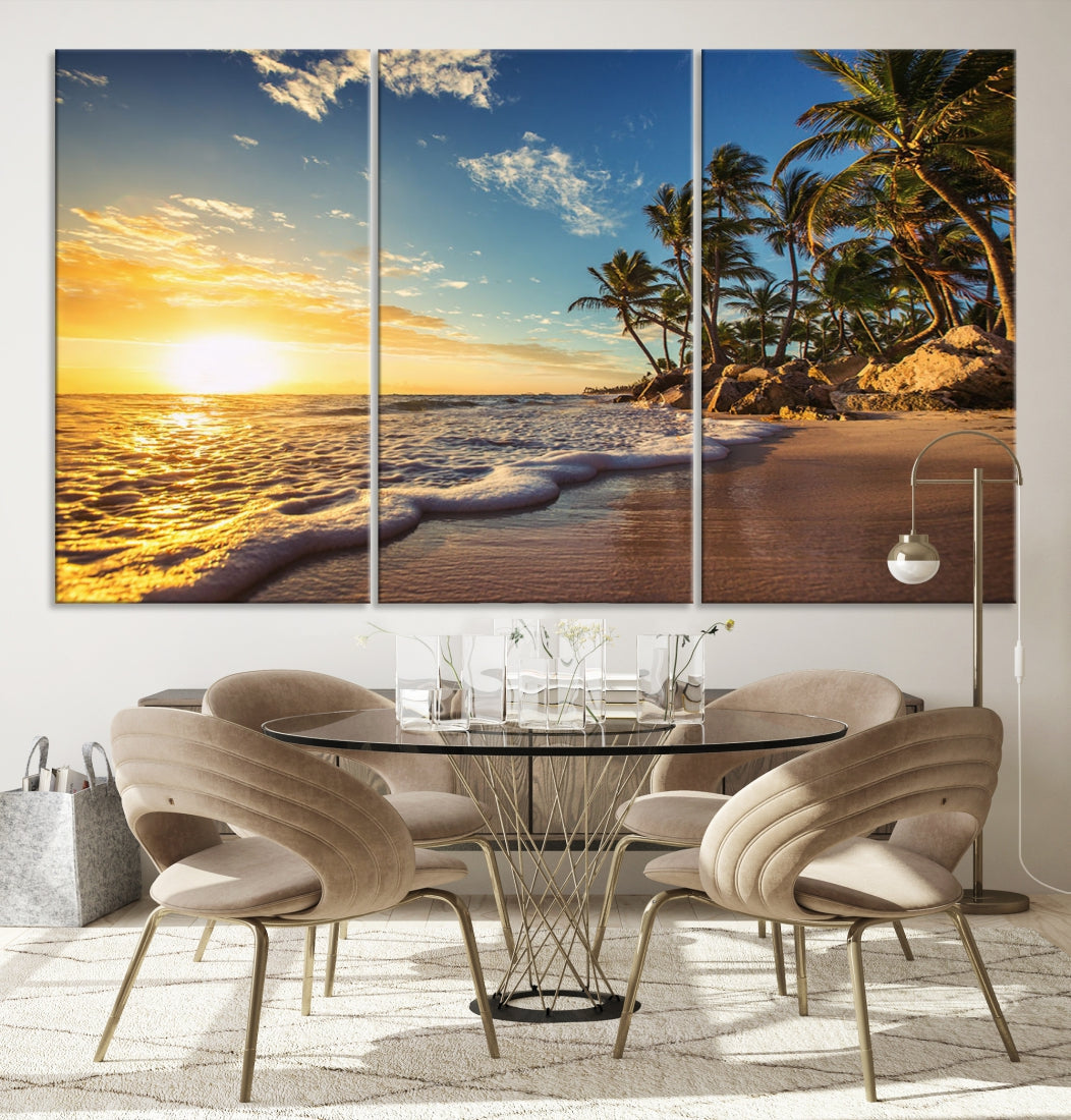 63049 - Obra de arte moderna con impresión en lienzo de playa con vista al mar y puesta de sol grande, impresión de arte de pared de isla tropical
