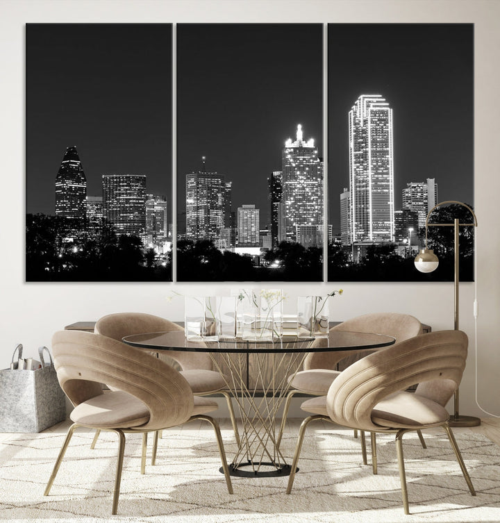 Skyline de luces de la ciudad de Dallas Arte de pared en blanco y negro Paisaje urbano Lienzo